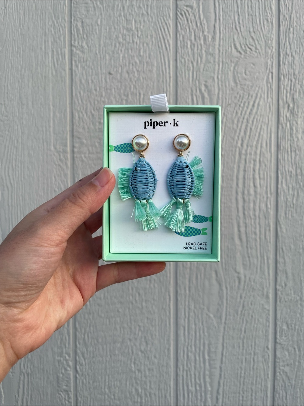 Piper K Woven Blue Fish Earrings with Pearl Stud